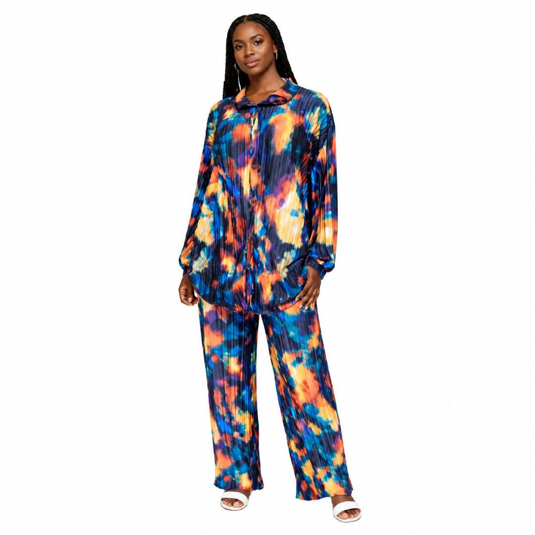 Multicolor Abstract Print Pleated Tunic and Wide Leg