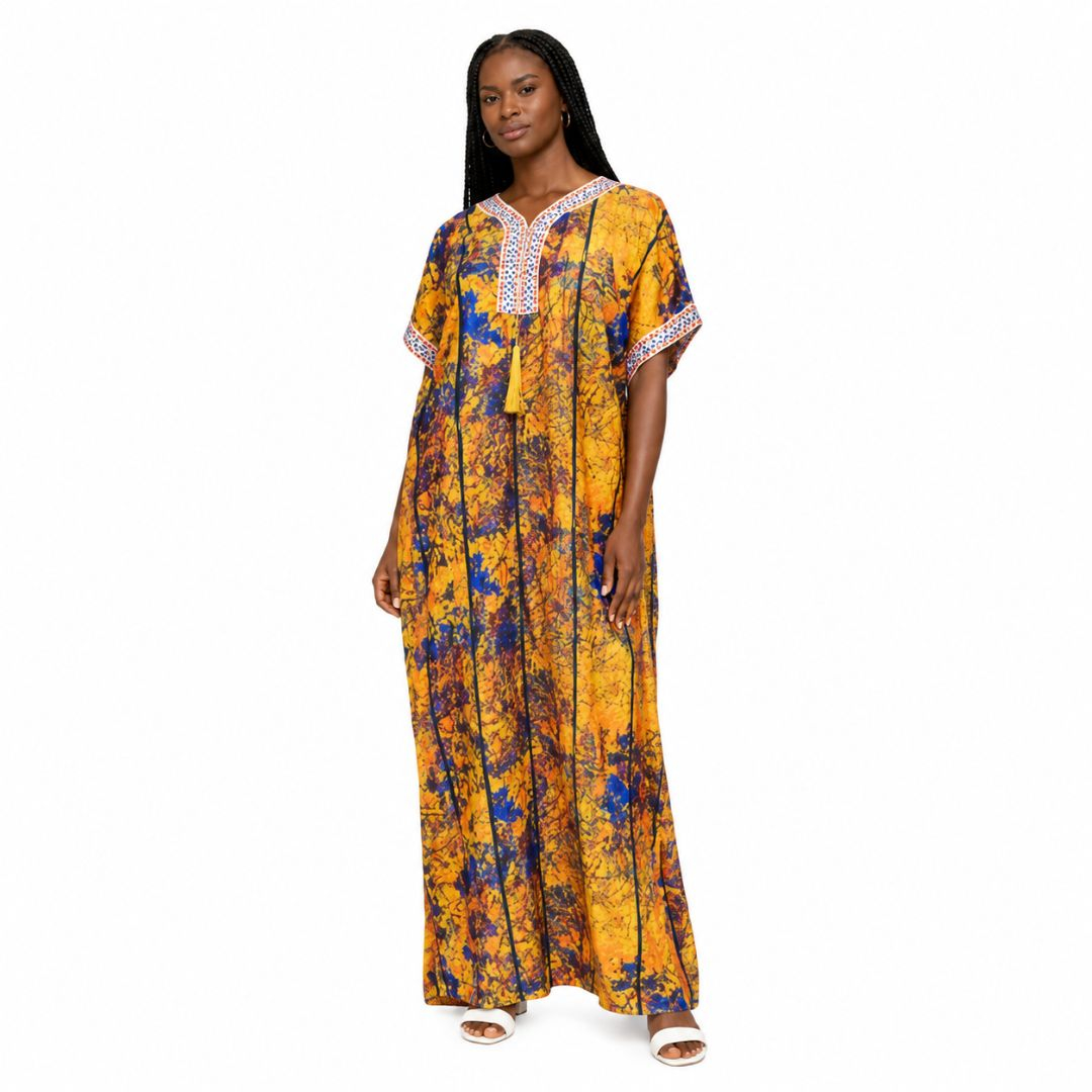 Yellow and Blue Abstract Print Kaftan Maxi Dress