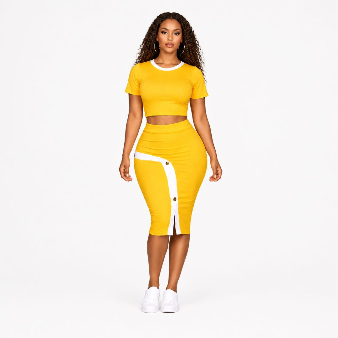 Yellow Ribbed Crop Top & Midi Skirt Set
