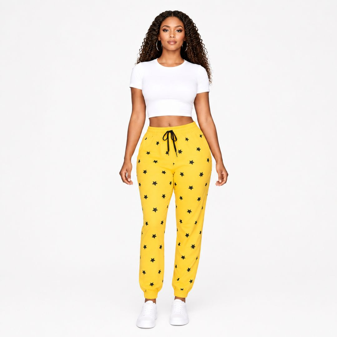 Yellow & Black Star Print Drawstring Pants
