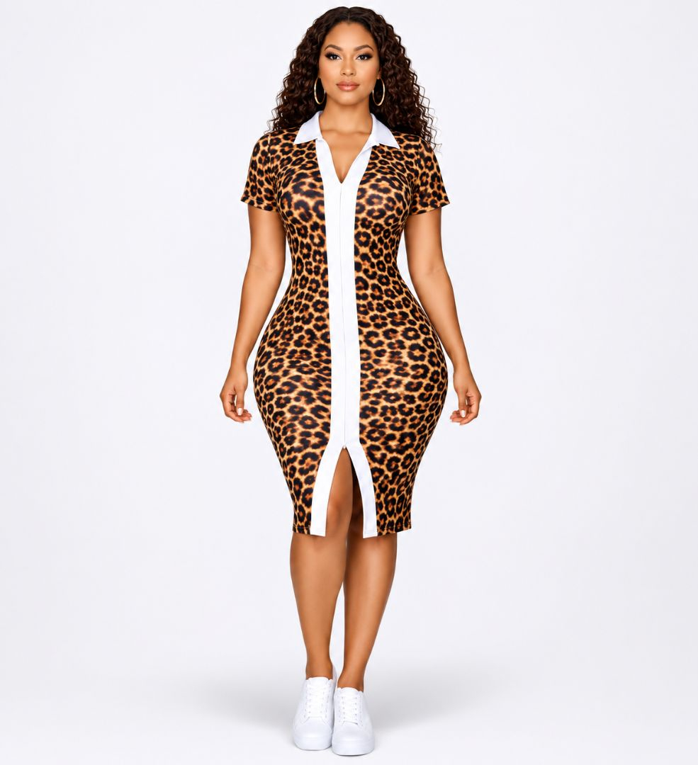 Leopard Print Bodycon Dress with Contrast Collar & Front Slit