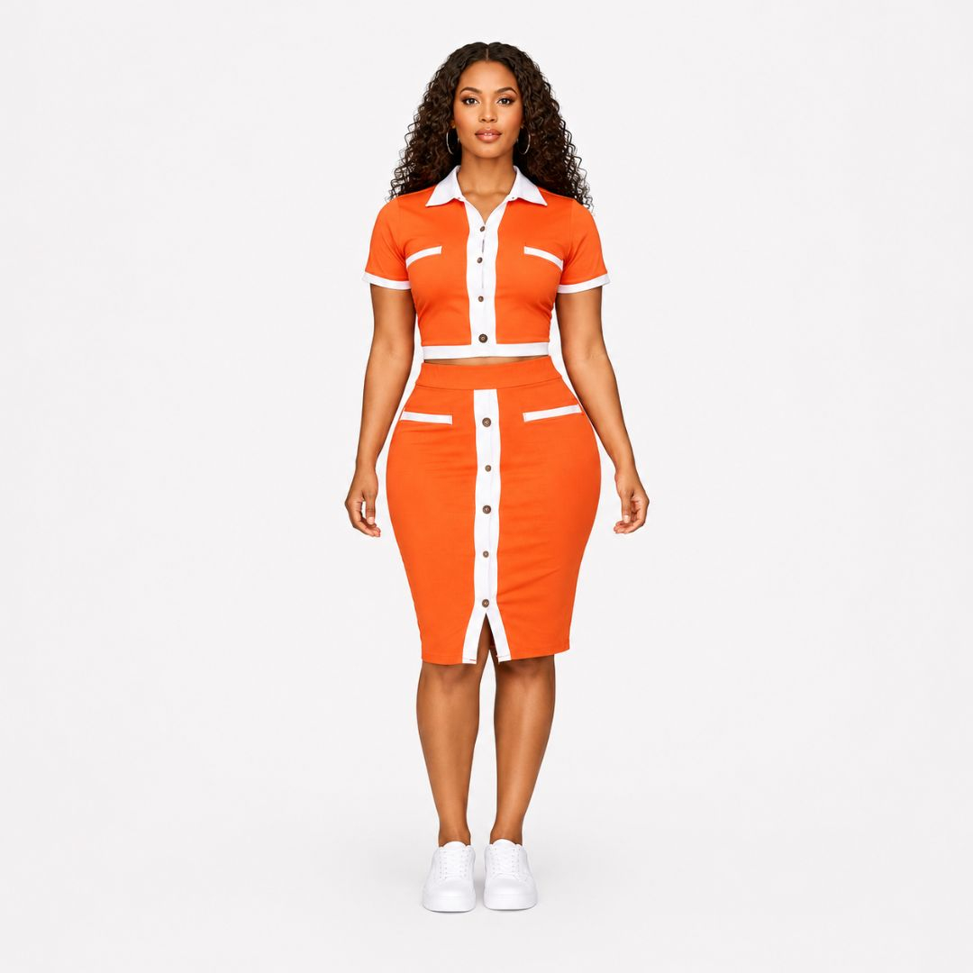 Orange Two Piece Bodycon Set with Contrast Panel & Button Detail