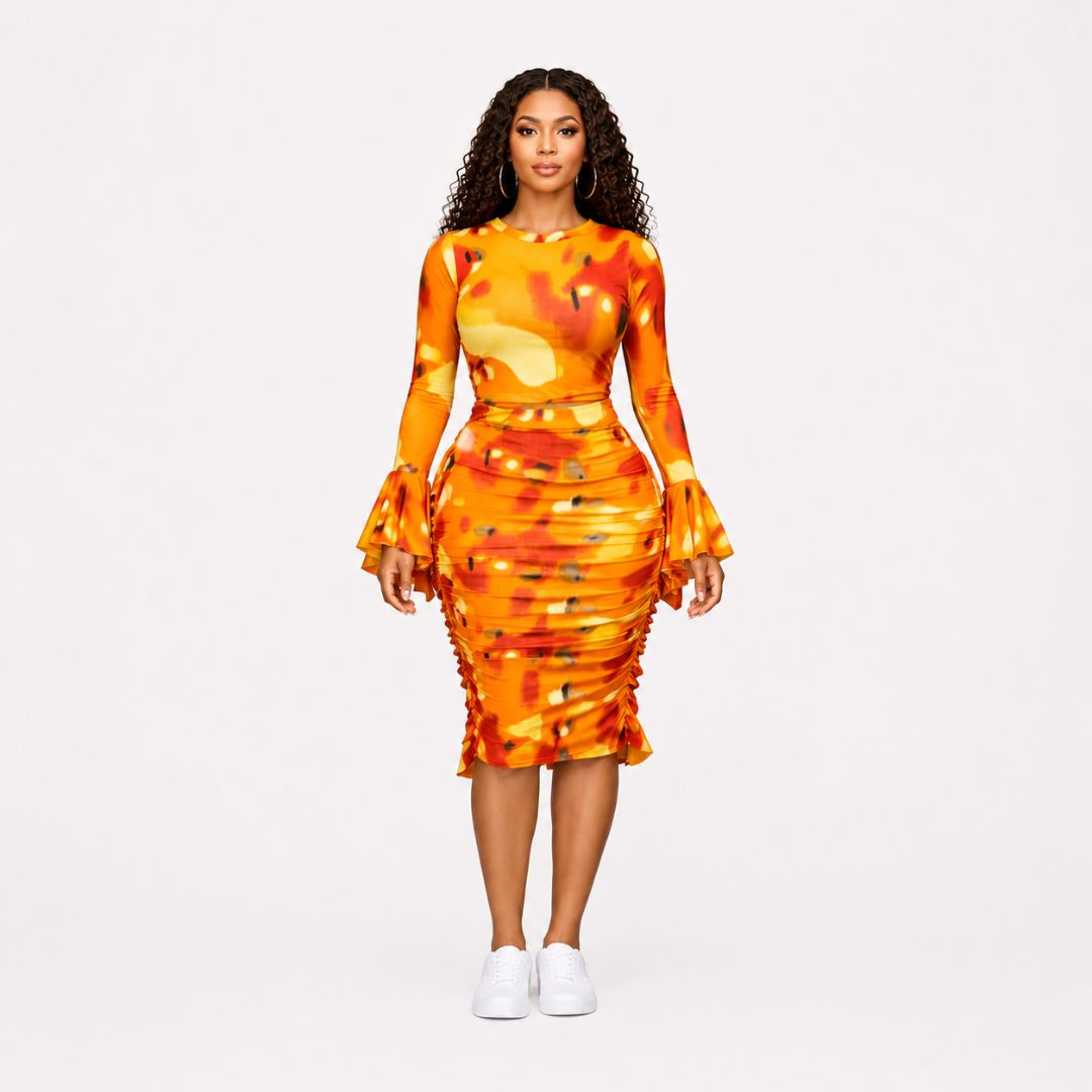 Orange Abstract Print Two Piece Skirt Set with Ruffle Detail
