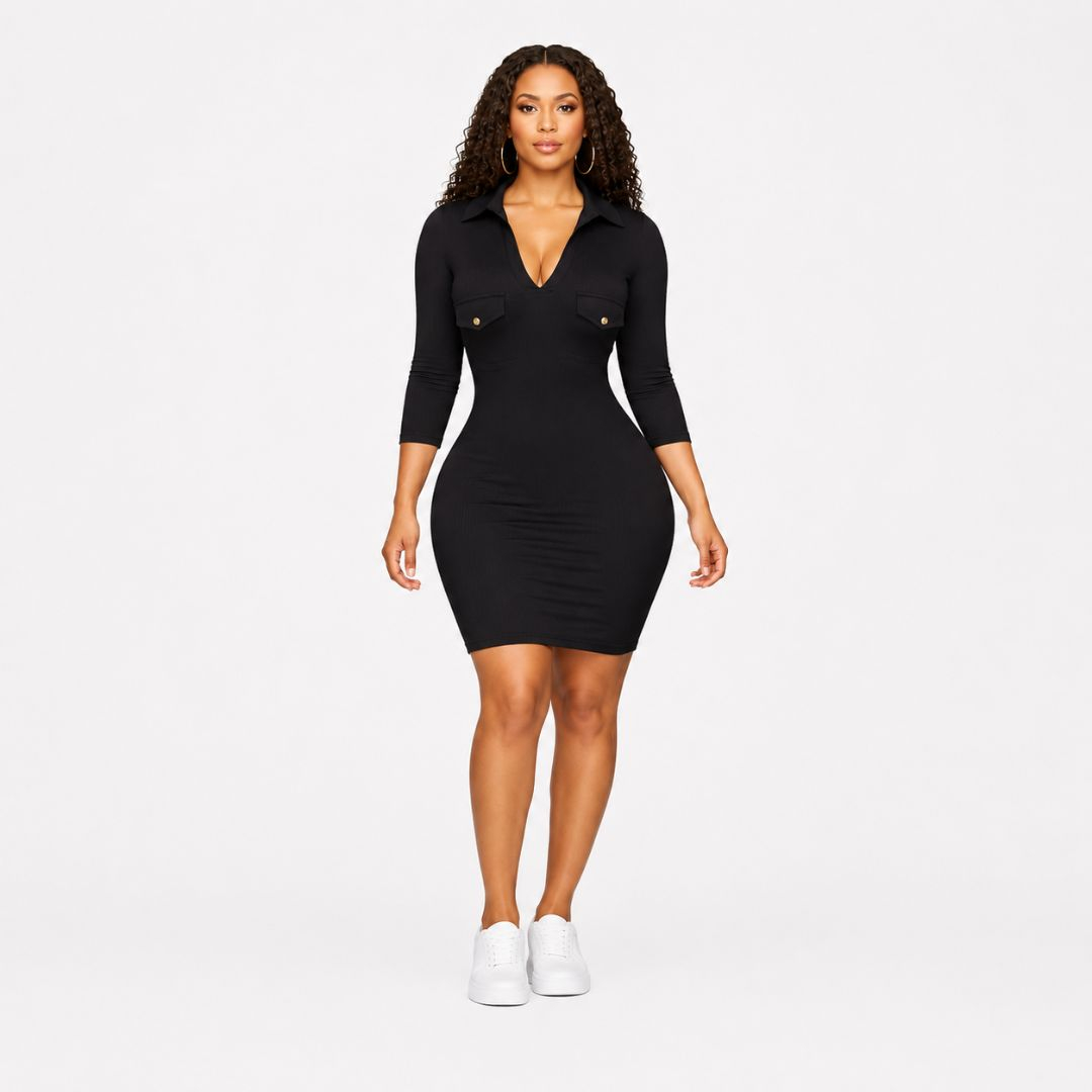 Black Ribbed Bodycon Dress with Collar & Button Pocket Detail