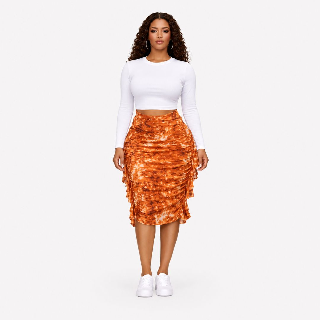White Crop Top and Brown Tie Dye Ruffle Skirt Set