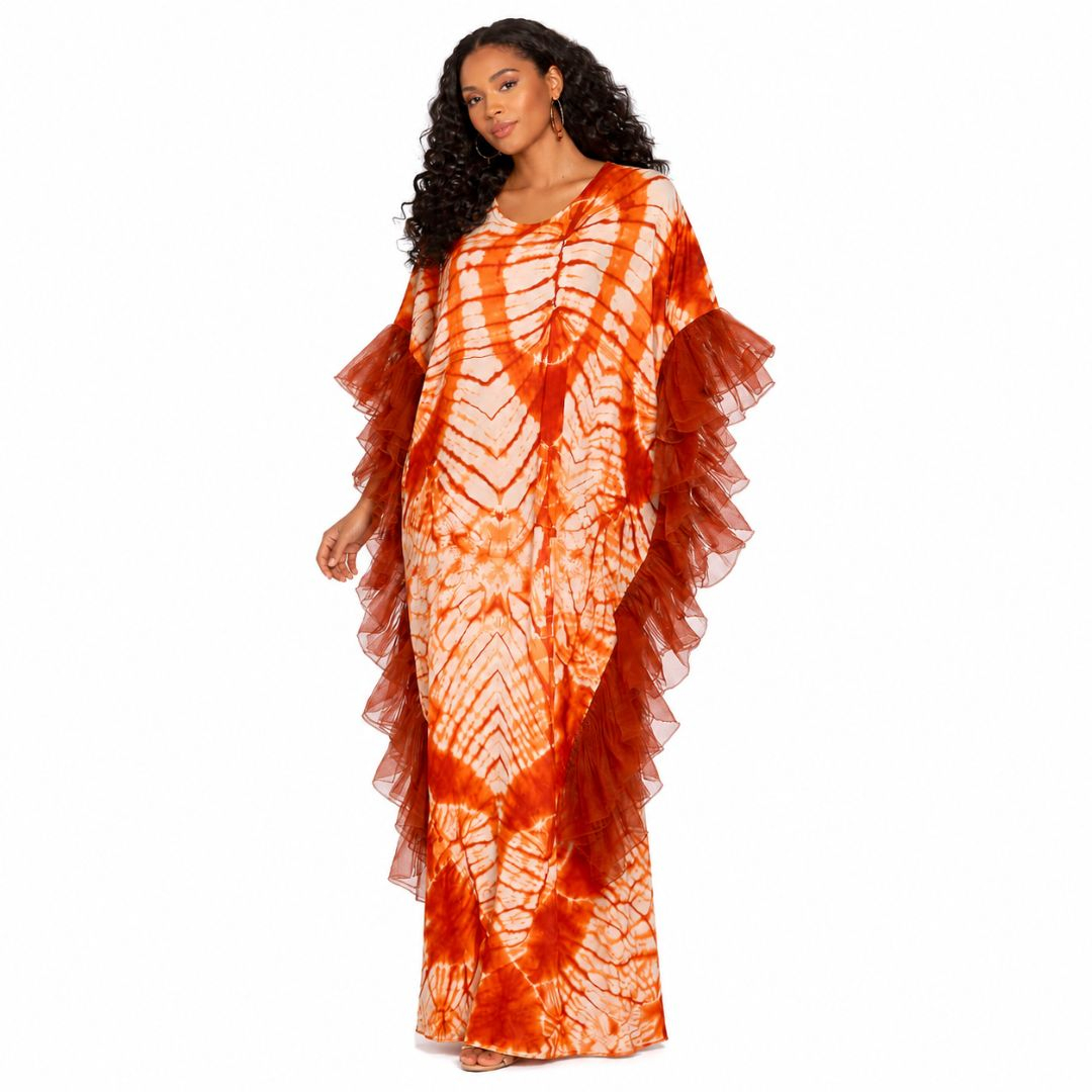 Womens Tie Dye Loose Fit Kaftan Dress with Ruffle Sleeves