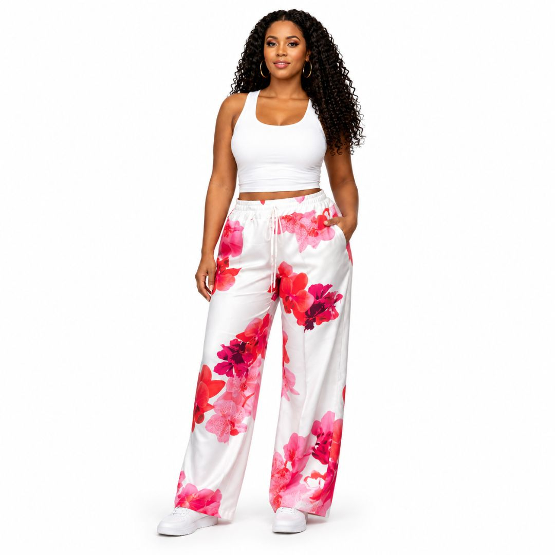 White and Pink Floral Wide Leg Pants for Women
