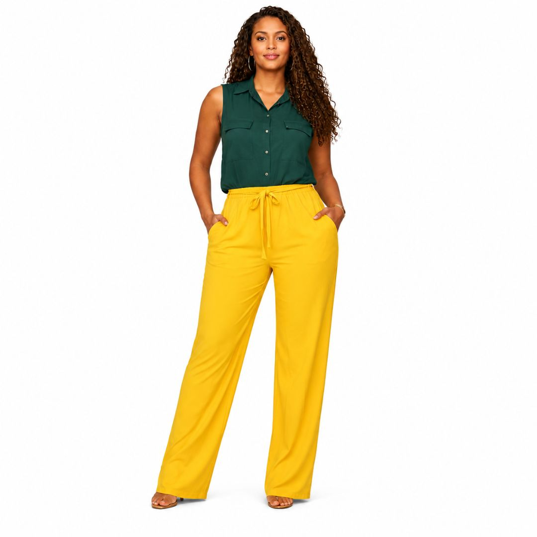 Green Top and Yellow Wide Leg Pants Two Piece Set