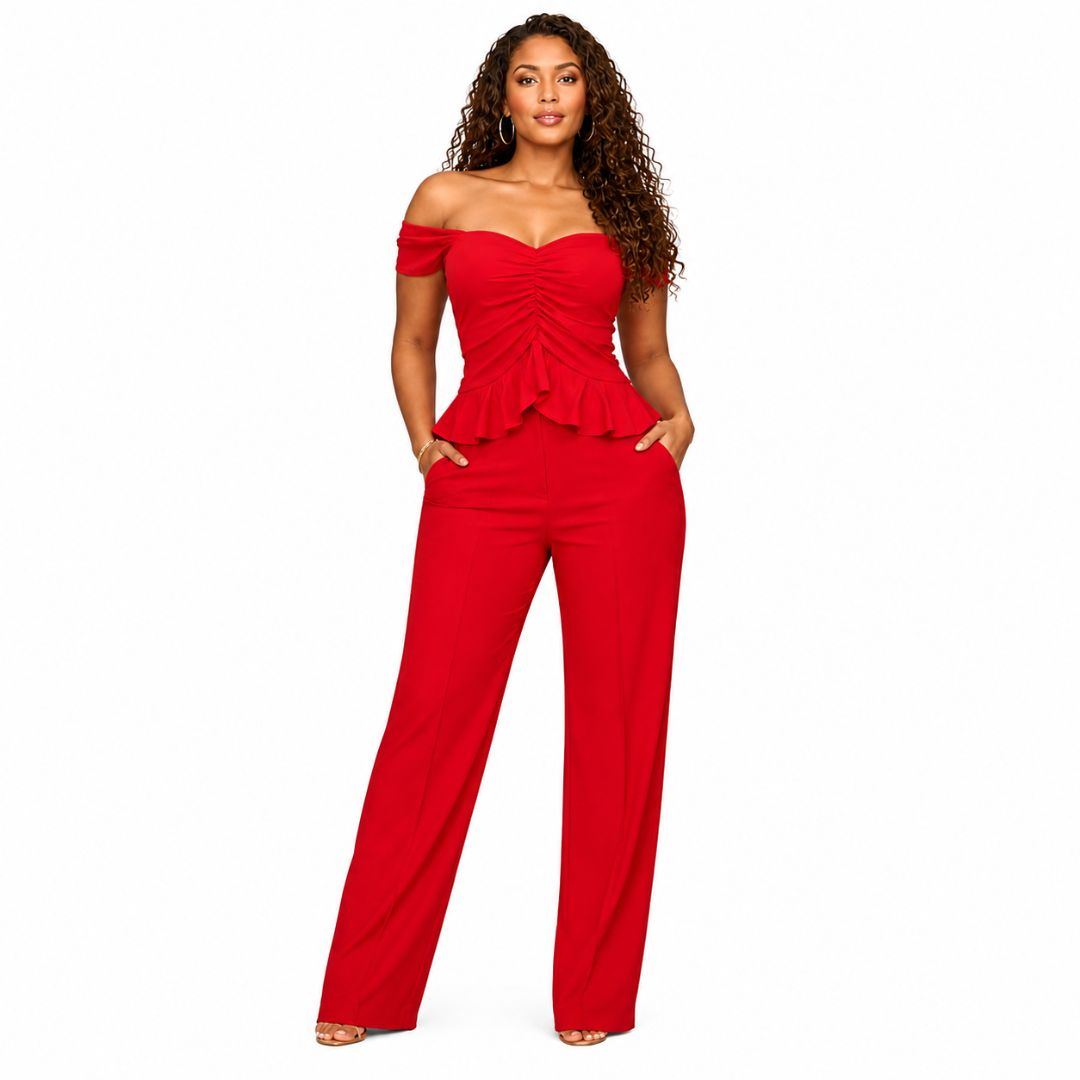 Elegant Red Ruched Strapless Jumpsuit