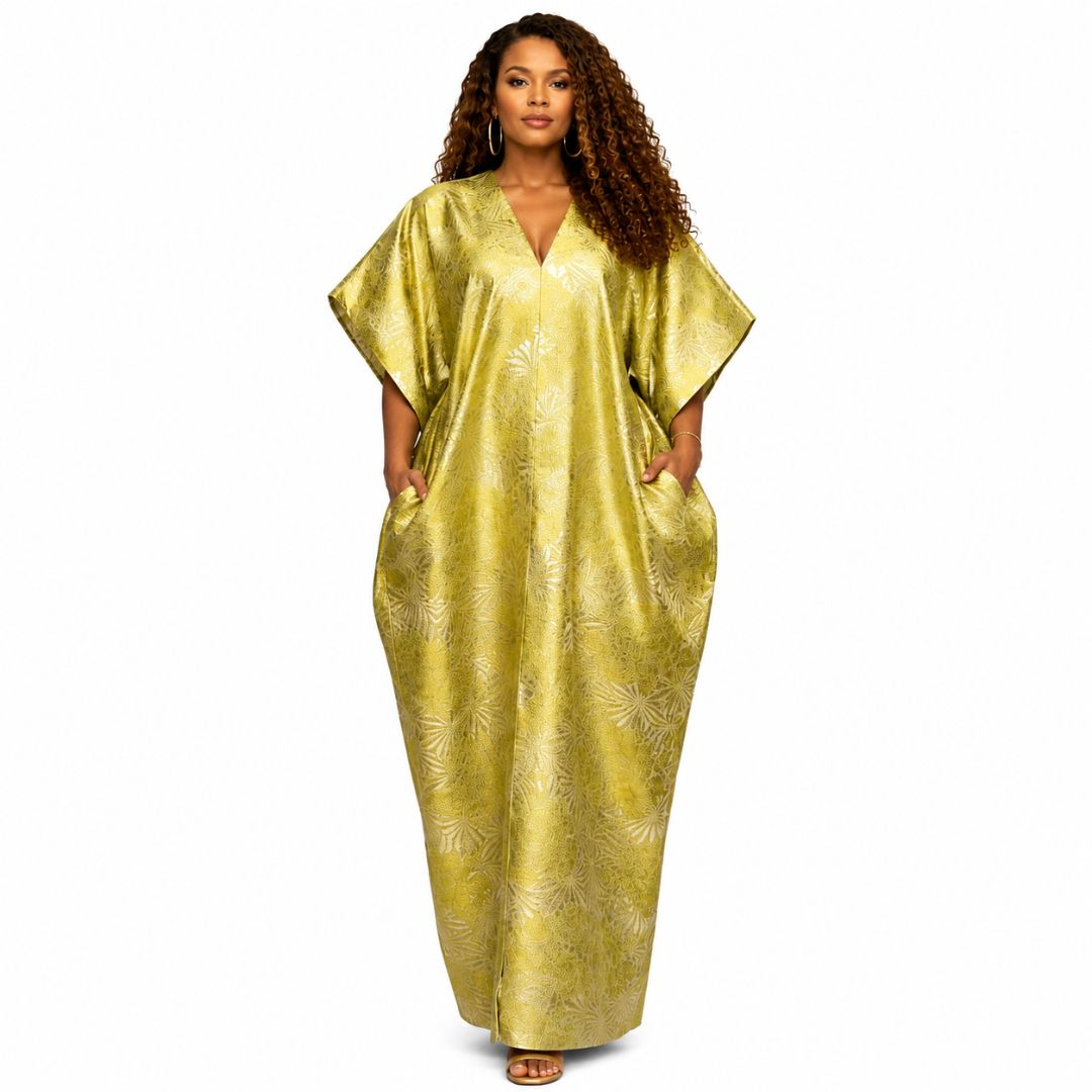 Luxury Lime Gold Jacquard Kaftan Maxi Dress