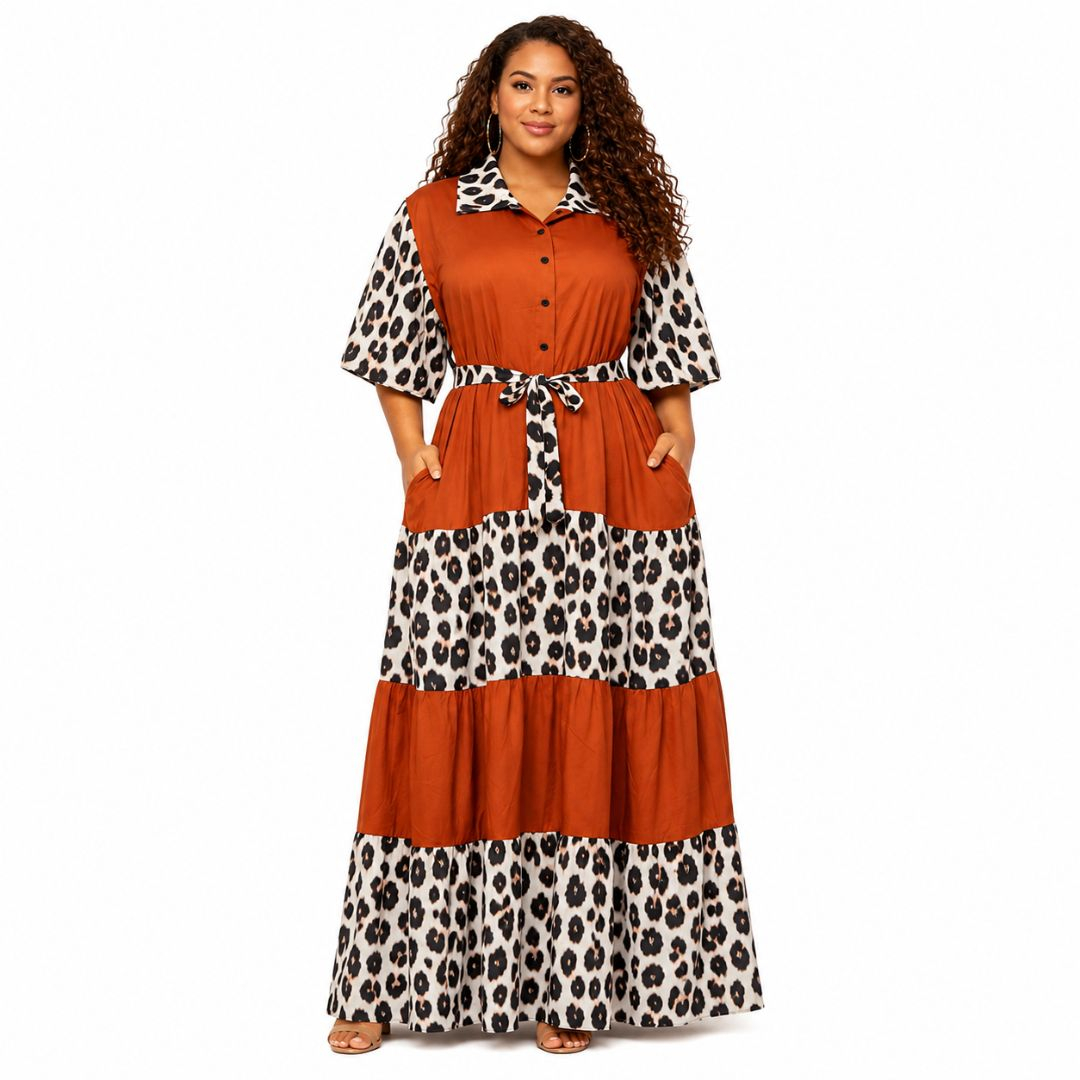 Leopard Print Panel Maxi Dress with Rust Brown