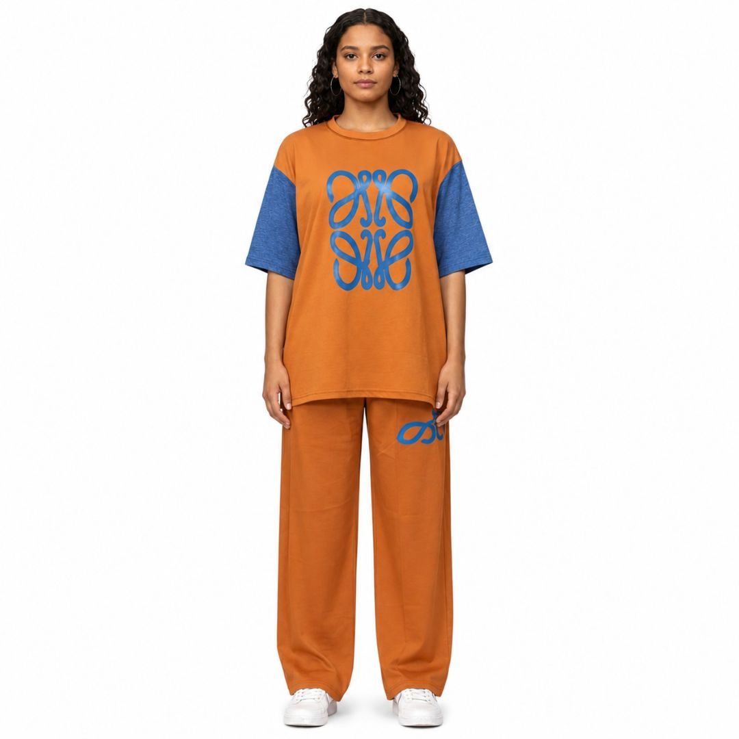 Color Block Graphic Two Piece Set Orange Blue Casual Outfit