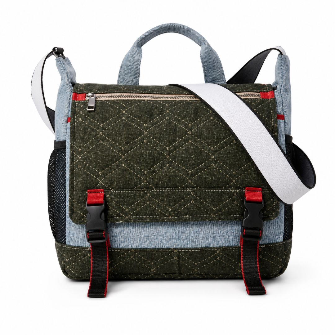 Monogram Pattern Denim Messenger Bag with Utility Buckles and Shoulder Strap