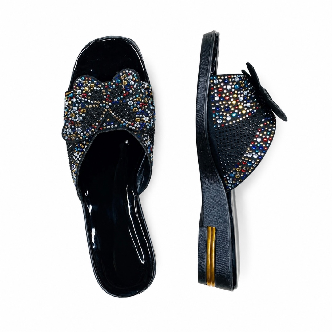 Black Patent Leather Multicolor Crystal Embellished Flat Slide Sandals