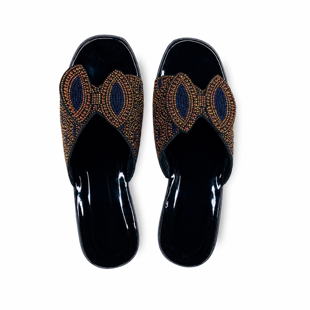 Black Patent Leather Bronze and Blue Crystal Mesh Flat Slide Sandals