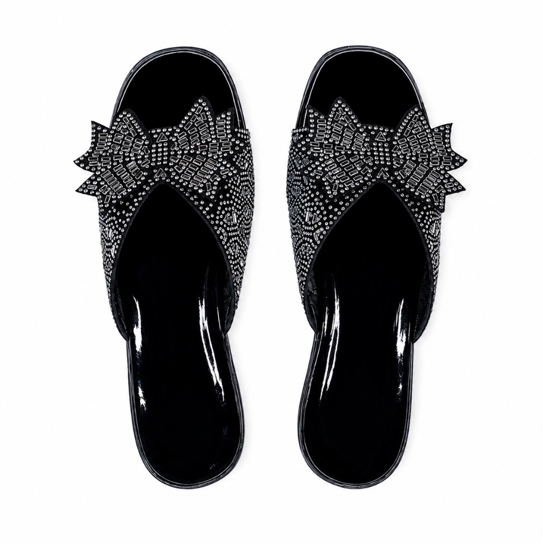 Womens Black Open Toe Slide Sandals with Silver Rhinestone Bow Embellishments