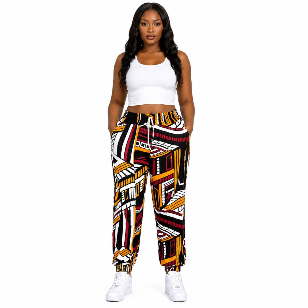 Unisex Tribal Inspired Multicolor Print Jogger Pants  with  Drawstring Waist