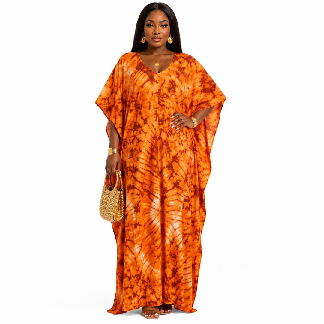Vibrant Orange Tie Dye Maxi Kaftan Dress