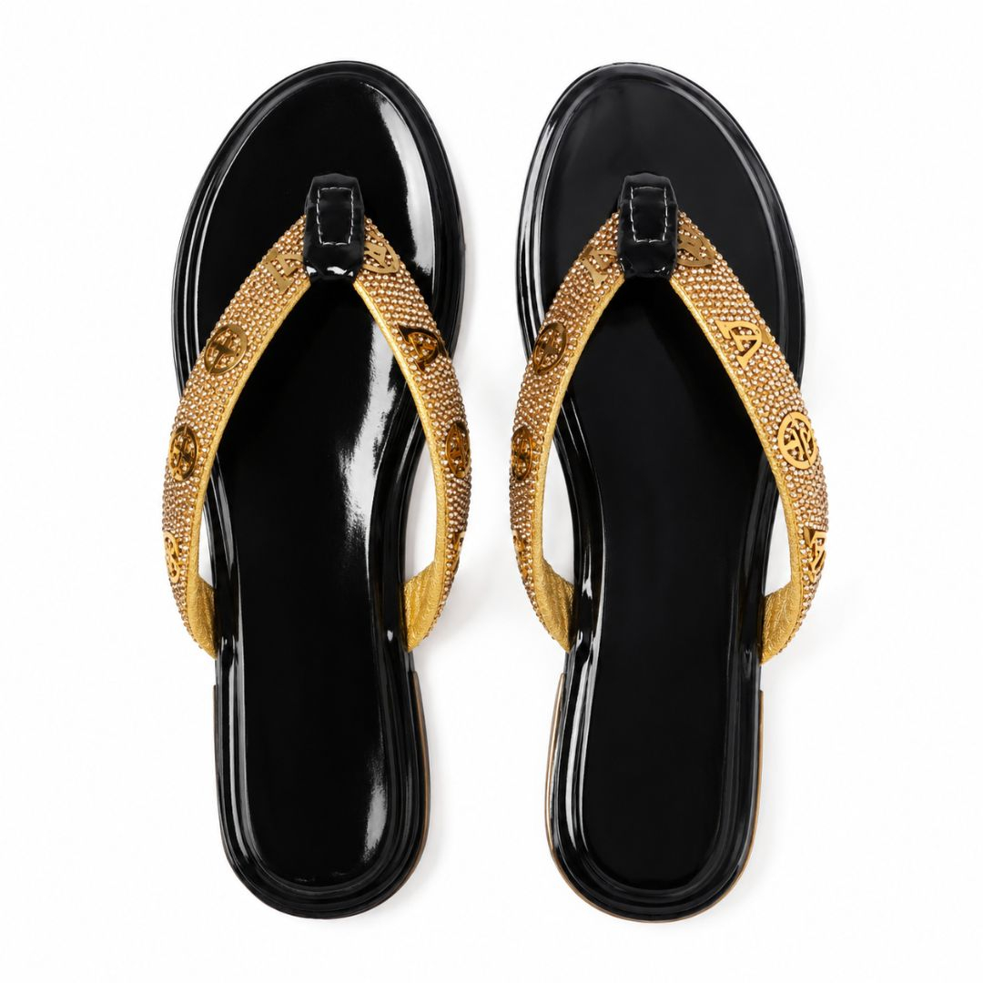 Embellished Black Patent Thong Sandals