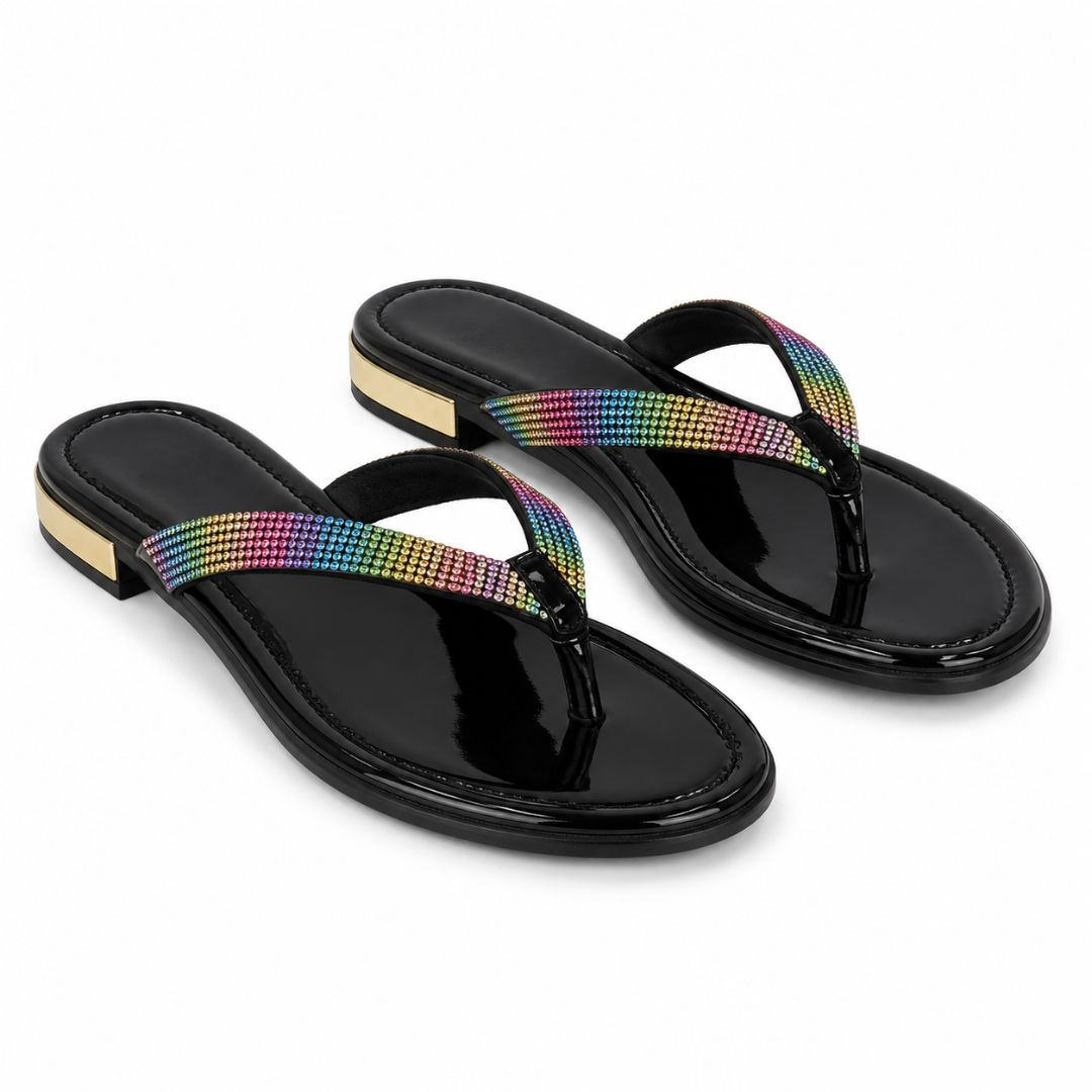 Rainbow Rhinestone Embellished Black Thong Sandals