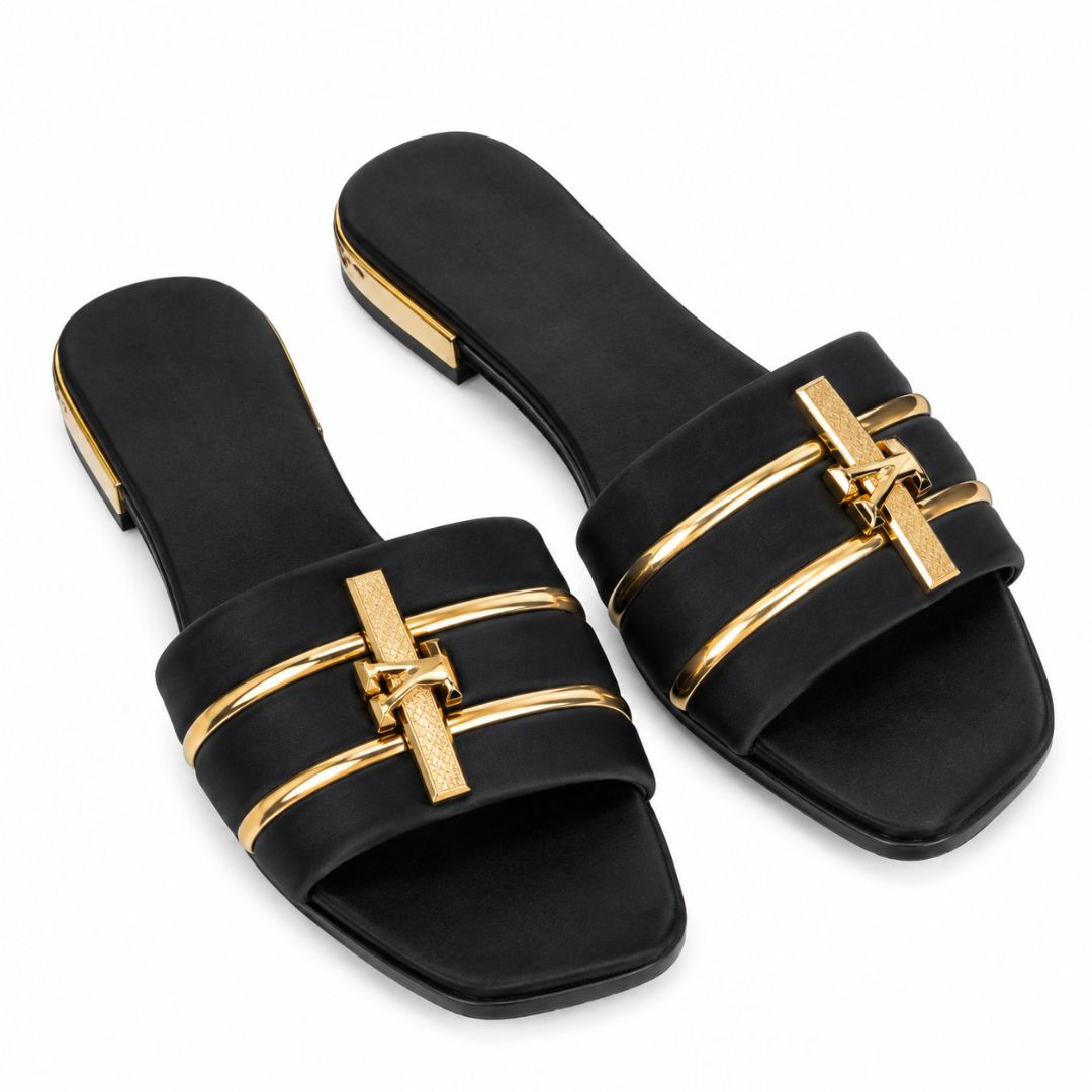 Womens Black Square Toe Flat Slides with Gold Accent Straps