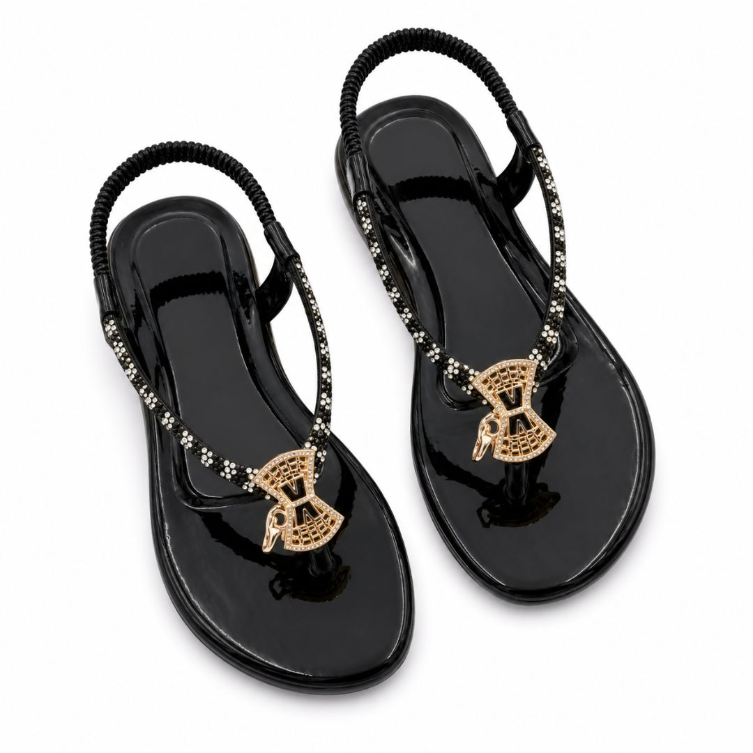 Womens All Black Embellished T Strap Slingback Sandals