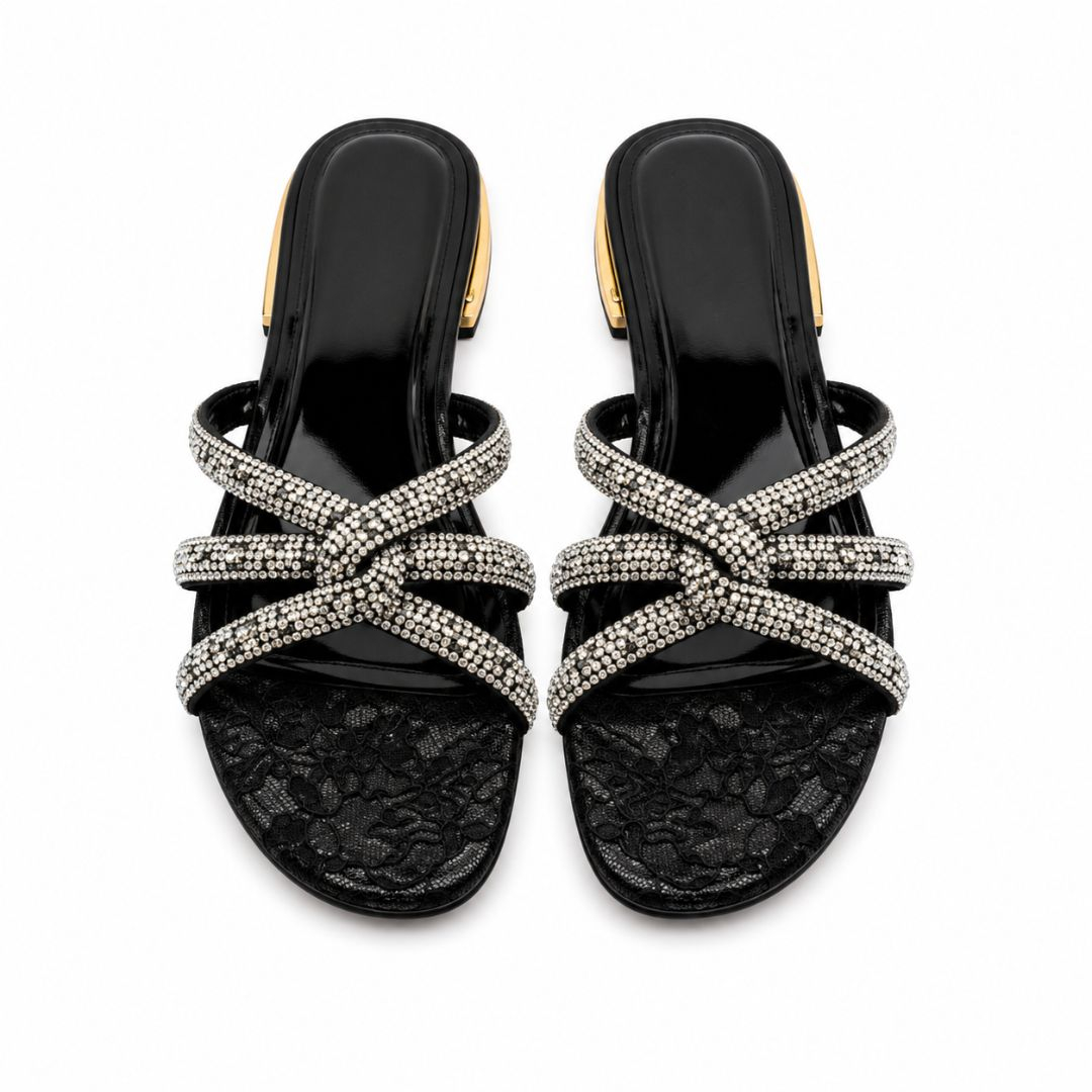 Iridescent Crystal Multi Strap Slide Sandals