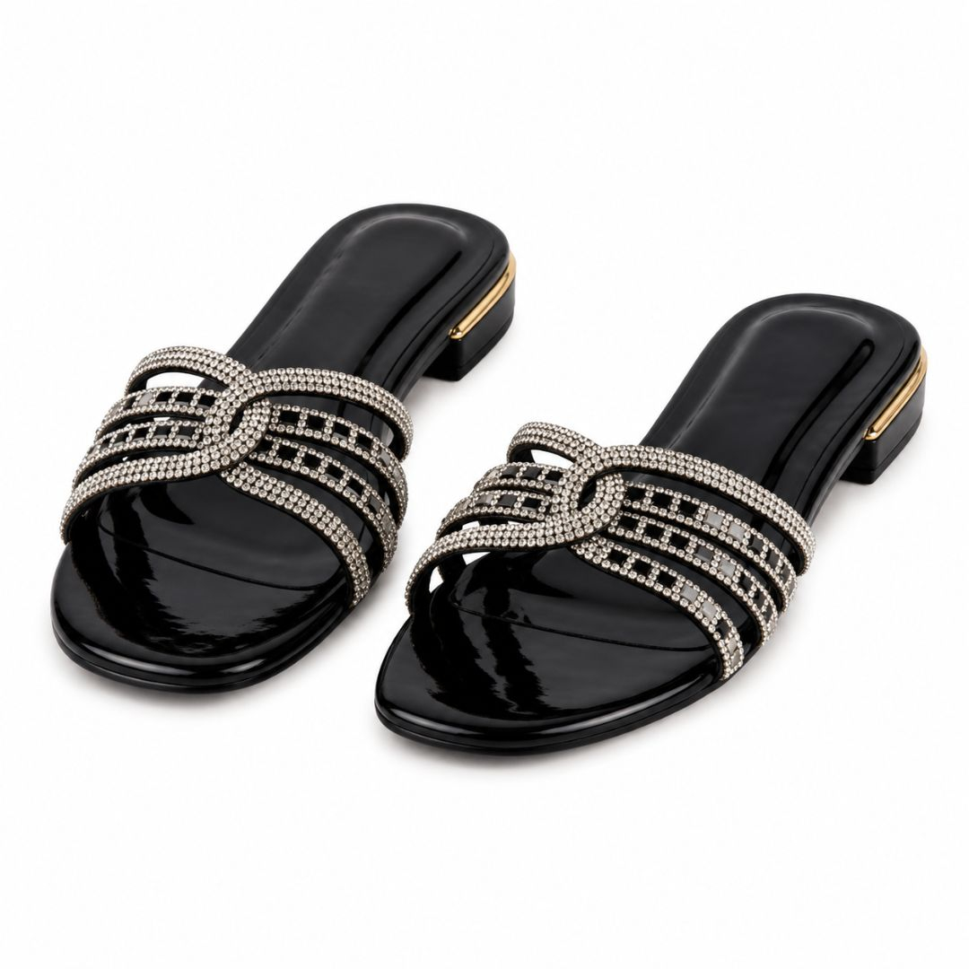 Intricate Crystal Mesh Strap Slide Sandals