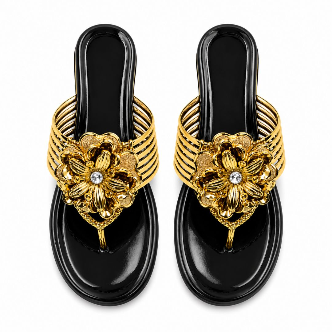 Gold Floral Ornament Thong Sandals