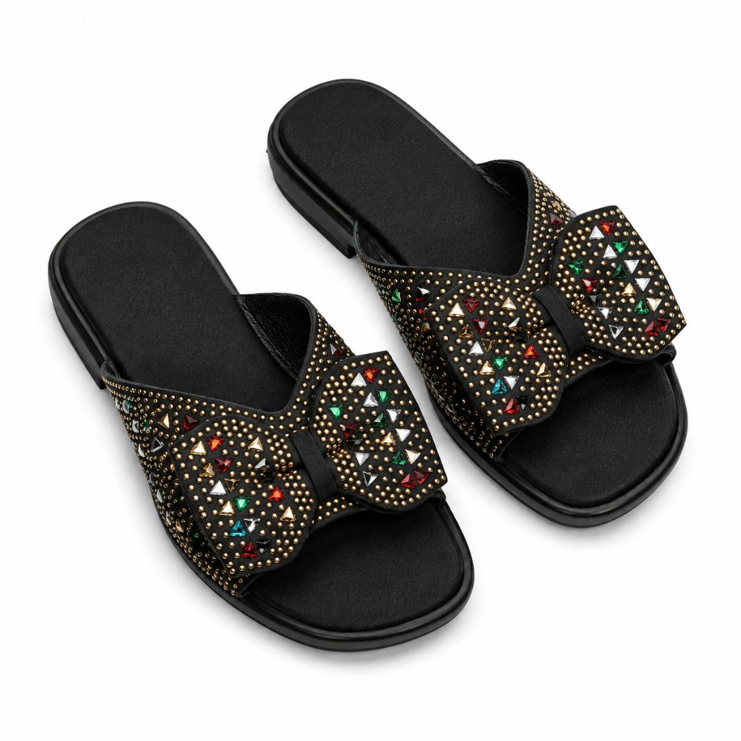 Multicolor Gem Embellished Bow Slide Sandals