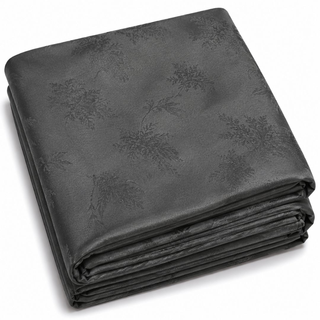 Deep Charcoal Black Jacquard Fabric with Subtle Floral and Swirl Pattern