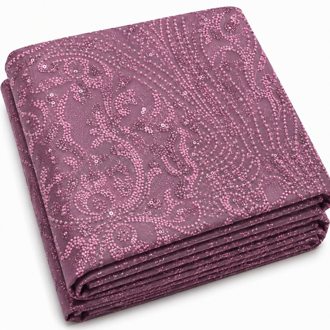 Pink Sequin Lace Fabric with Bead Detail