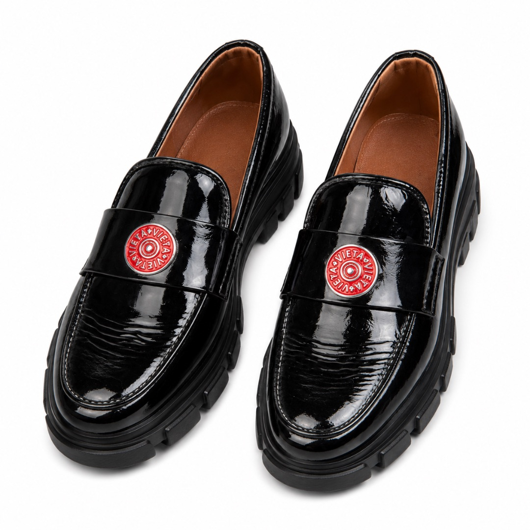Mens Black Patent Leather Slip On Loafers with Red Circular Detailing