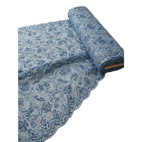 Floral Embroidered Blue Sequin Lace Fabric