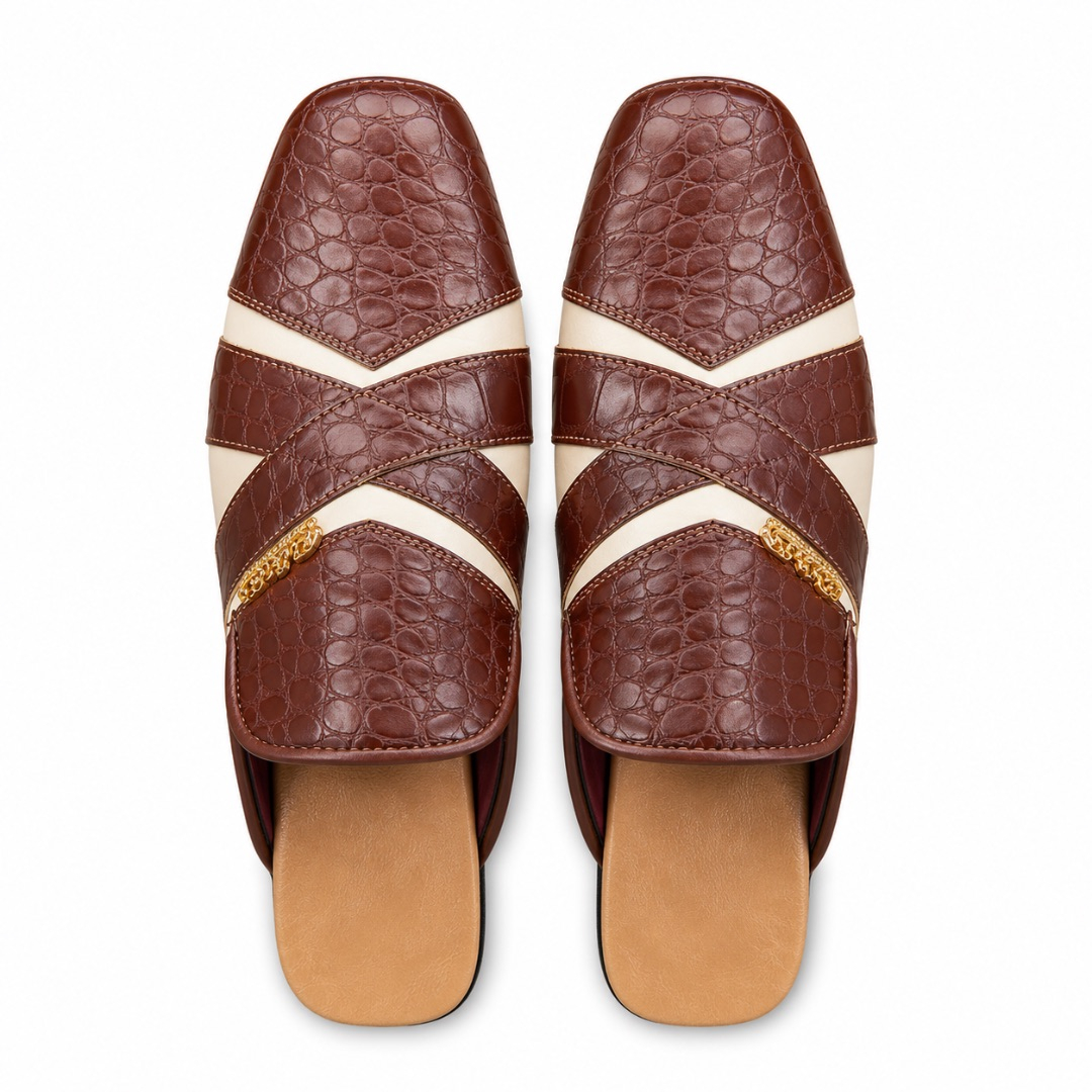 Croc Texture Cross Strap Slip On Mule Loafers       Chestnut Brown and Cream