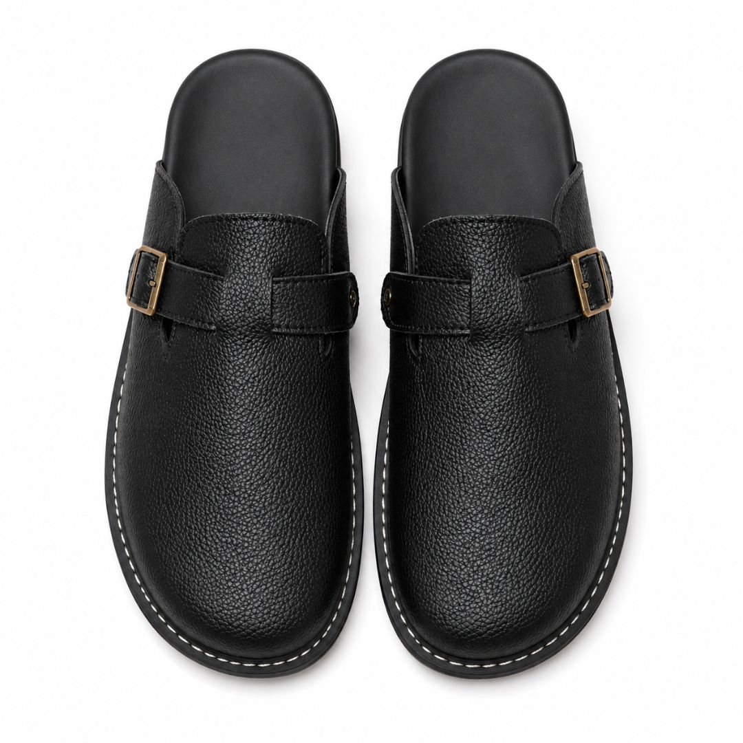Noir Stride Buckled Closed Toe Mule Slippers Black