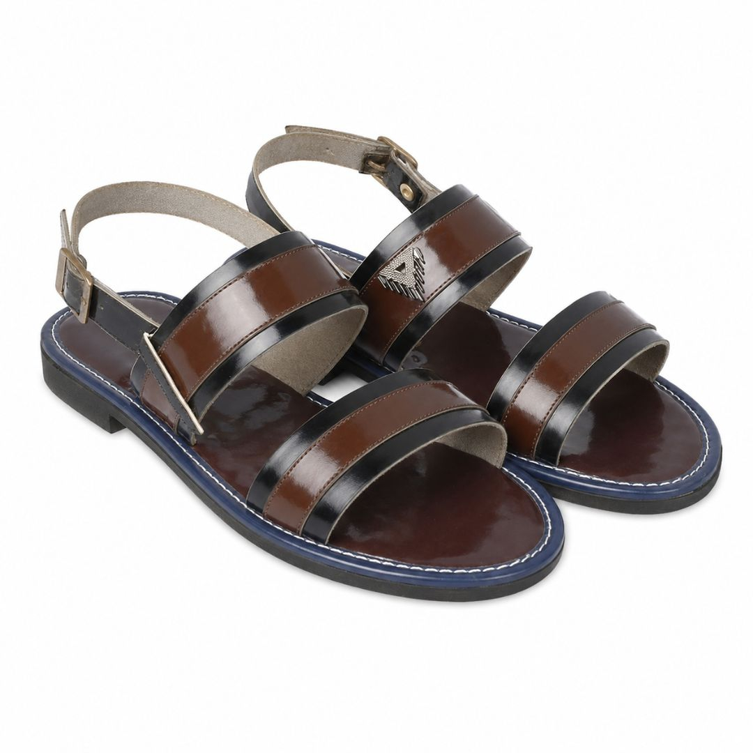 Mens Brown Double Strap Ankle Buckle Flat Leather Sandals