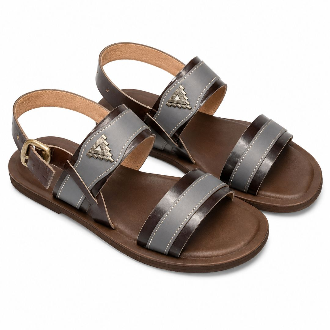 Mens Dual Tone Leather Strap Casual Sandals with Adjustable Ankle Buckle