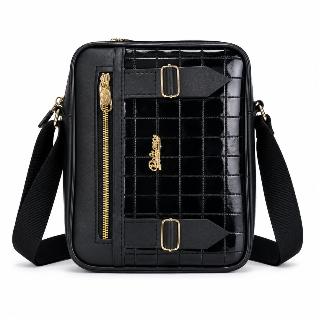 Classic Black Crossbody Messenger Bag with Glossy Checkered Front Panel