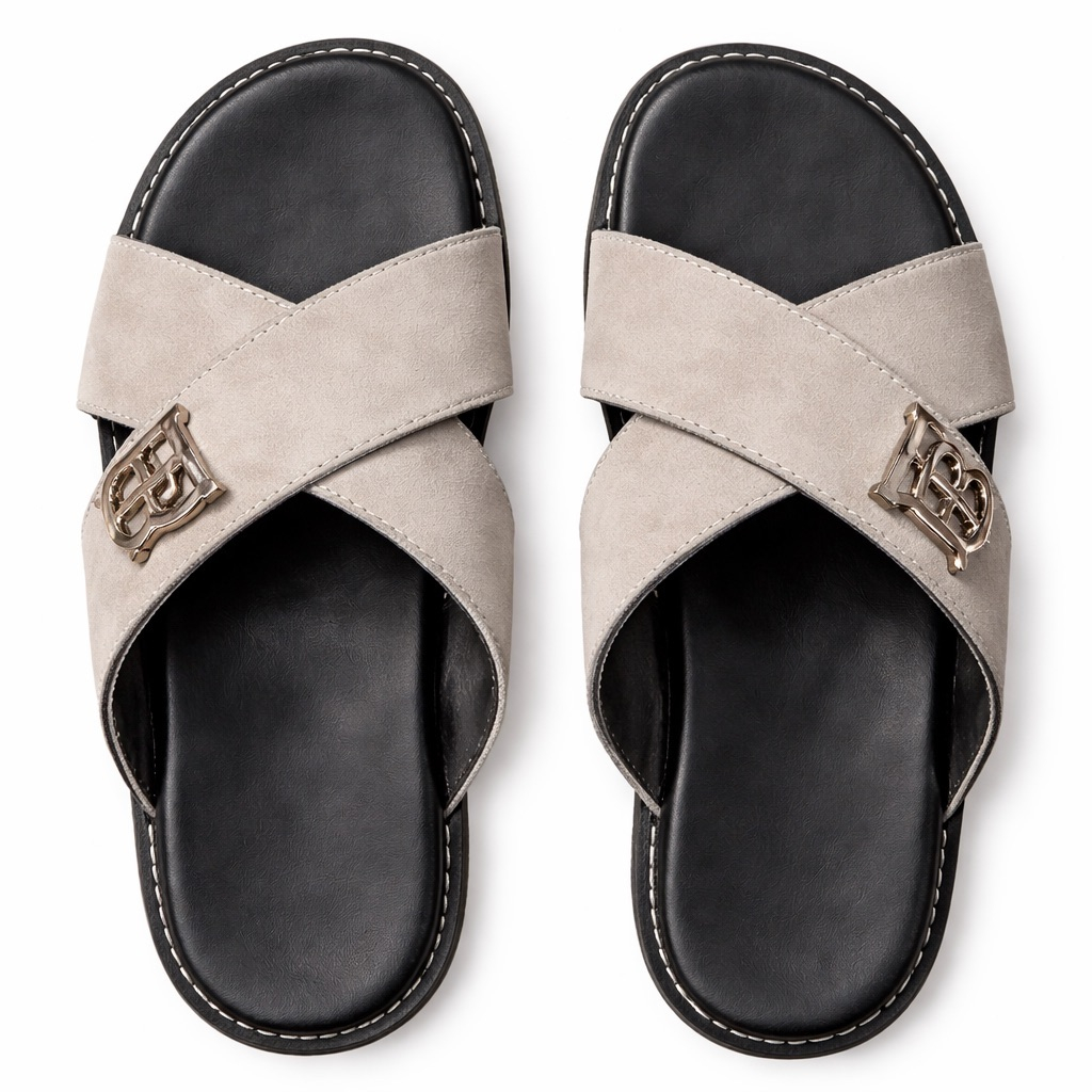 Luxury Cross Strap Slide Sandals with Metal Accent     Beige