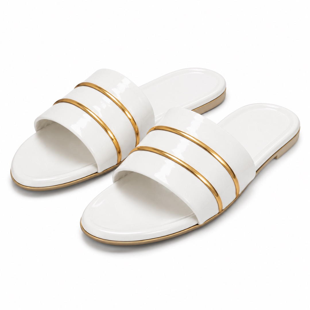 Womens Gold Accent Slip On Flat Sandals    White