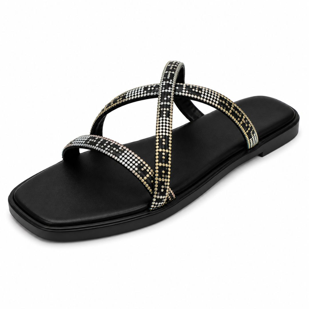 Womens Luxury Rhinestone Cross Strap Flat Slide Slippers (Black)