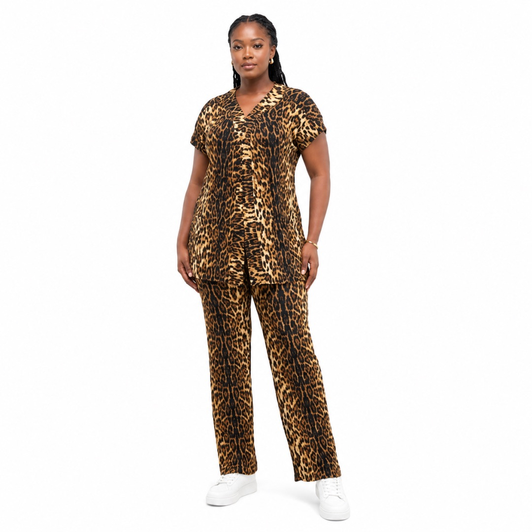 Two Piece Leopard Print Button Down Shirt and Ankle Length Pants