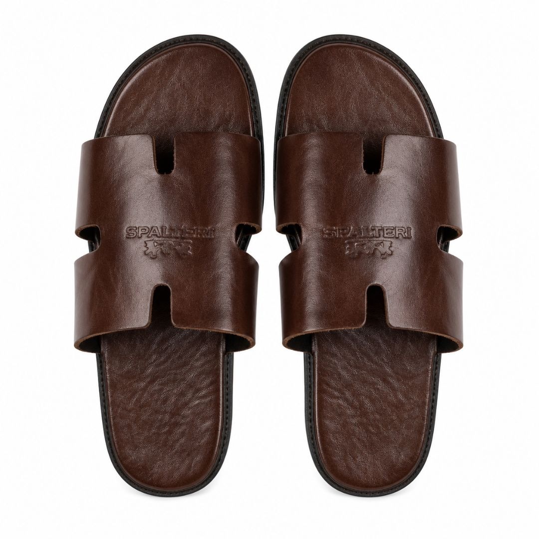 Mens Premium Brown Leather Slide Sandals