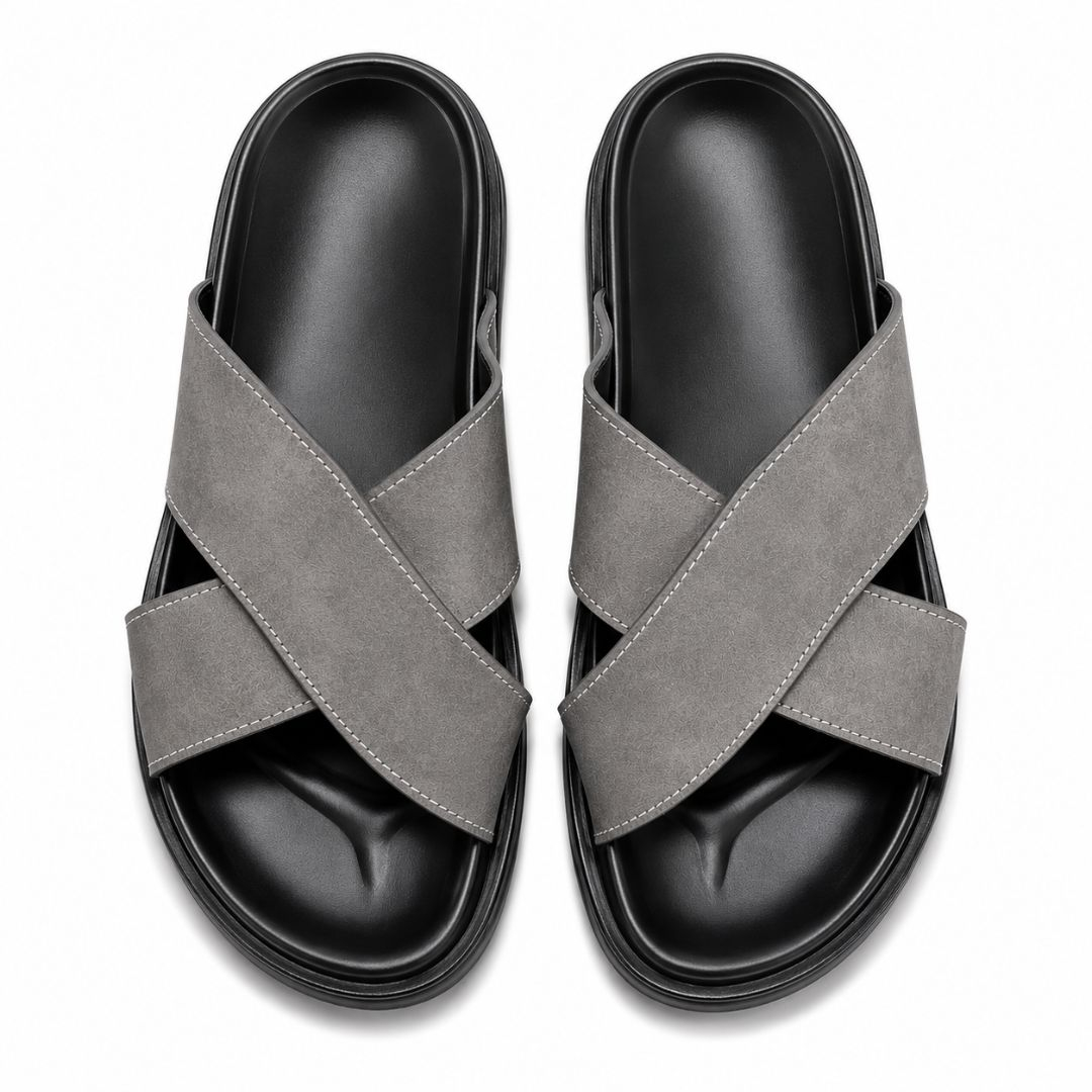 Mens Cross Strap Comfort Slide Grey Sandals