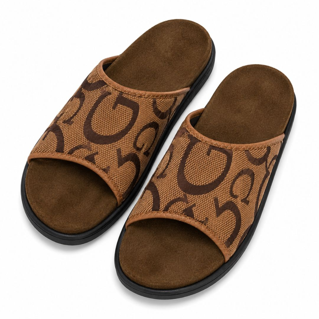 Mens Brown Monogram Print Comfort Slide Sandals