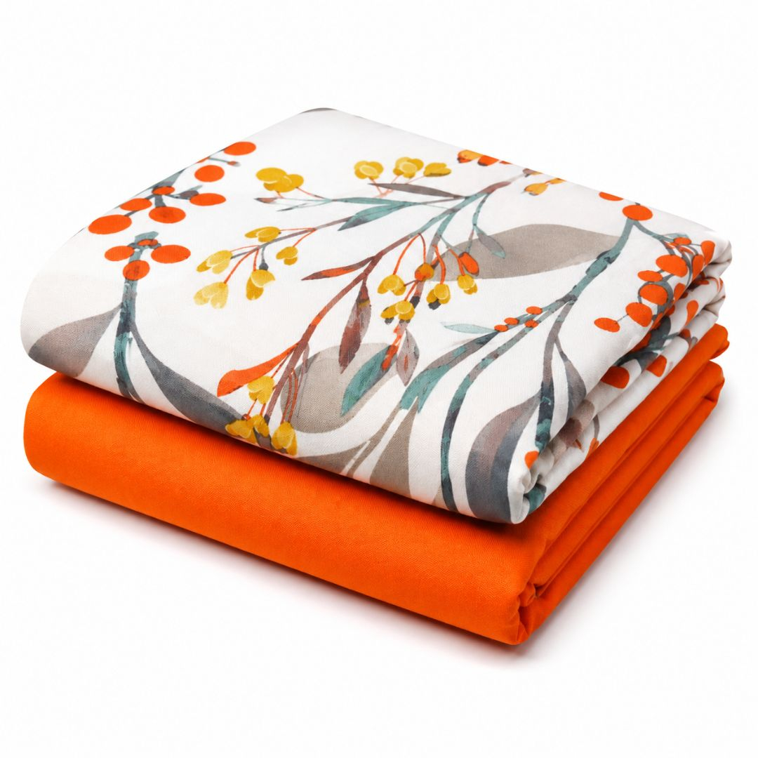 Premium Floral  Orange & White Print with Plain  cotton Matching Fabric