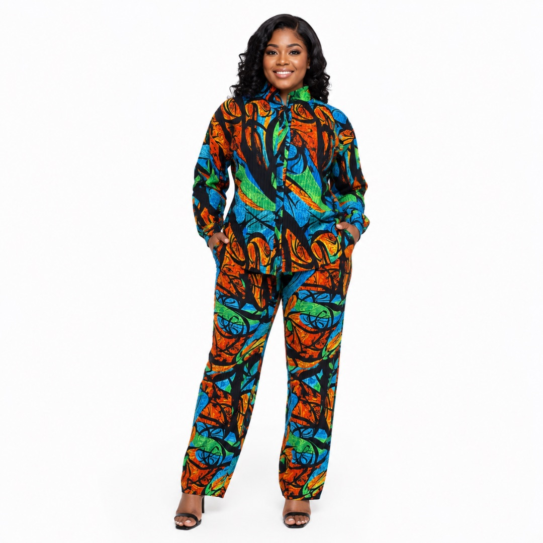Womens Premium Multicolor Abstract Print Two Piece Casual Set