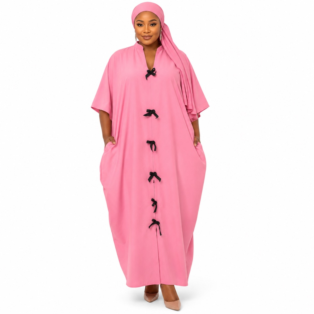Womens Premium Pink Maxi Kaftan Dress with Attached Headscarf