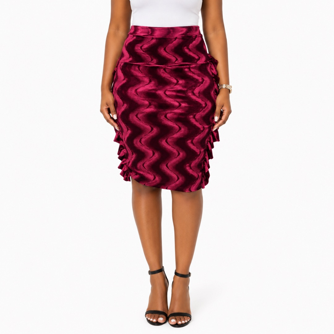 Womens Premium Wine Abstract Print Ruched Midi Skirt